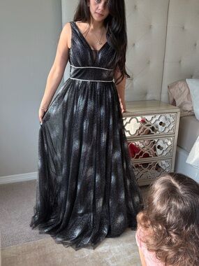 Black Sparkle V-Neck Maxi Dress with Waist Trim